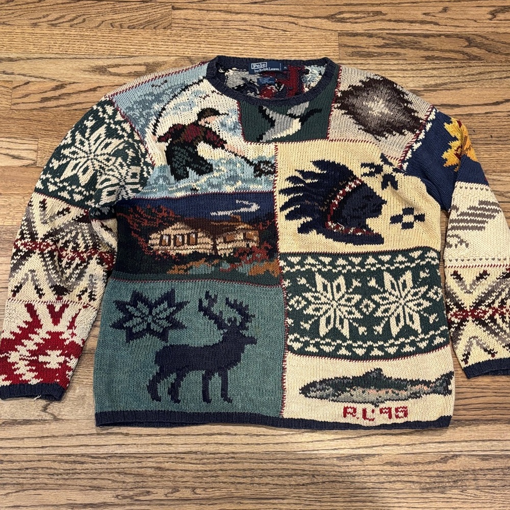 Vintage Ralph Lauren Men’s Patchwork Lodge Crewneck Sweater XL Hand knit